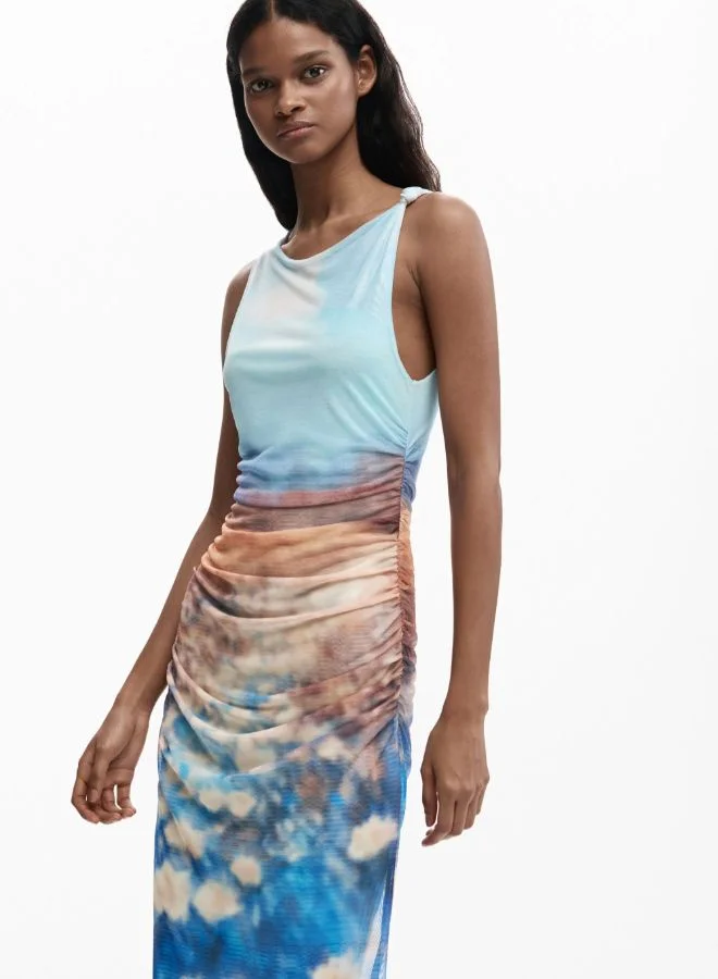 DESIGUAL sky blue and cloud print Draped Waterlily Dress for Women | Best Price UAE